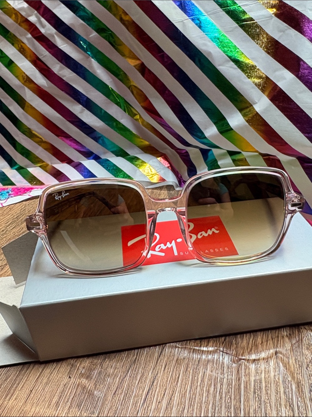 Ray-Ban Transparent Pink Frame Sunglasses with Brown Gradient Lenses